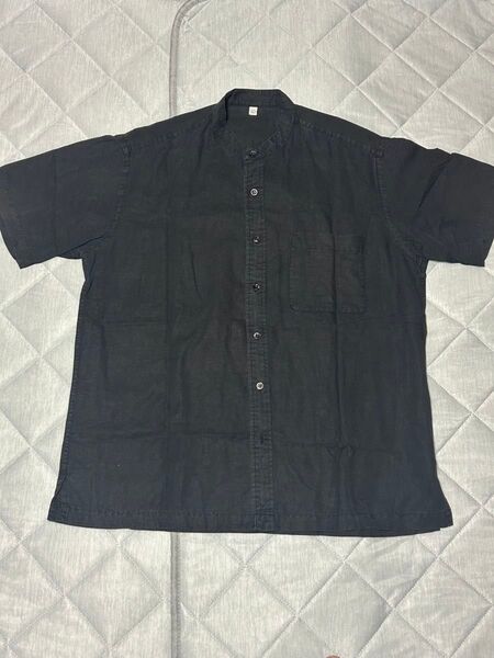 【00's OLDUNIQLO】黒半袖バンドカラーシャツ リネン55コットン45 ヴィンテージ 00後期◯タグ白タグ