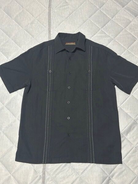 【CUBAVERA】状態良 ヴィンテージキューバシャツ レーヨンポリエステル プリーツ刺繍ステッチ ブラックM 90s 00s