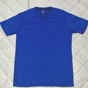 【UNIQLO】ドライポリエステルVネックT ボーダーブルー×ネイビーL 吸汗速乾