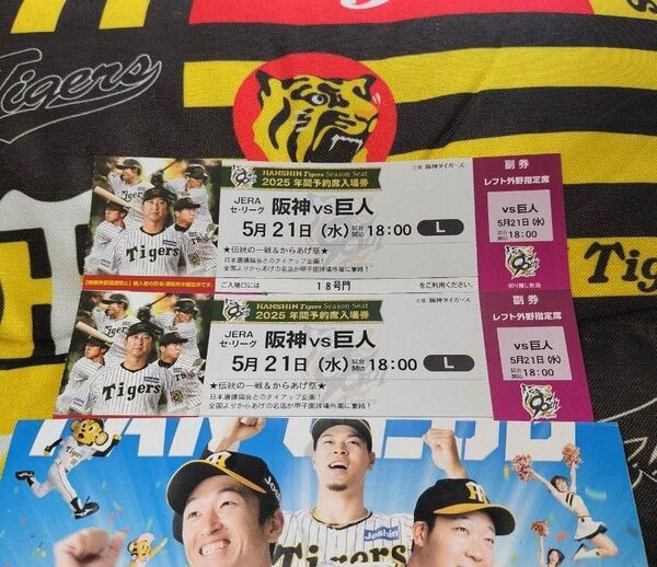 【5/21(水曜)】阪神vs巨人☆18時-/レフト外野*下段指定席《2枚》阪神タイガース甲子園チケット