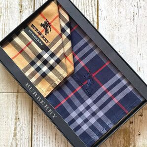 ■未使用・箱入り■バーバリー ハンカチ 2枚 ノバチェック ホースマーク 刺繍 定番 ベージュ 紺 BURBERRY
