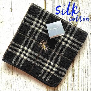 ■未使用■バーバリー シルク混 タオル ハンカチ ノバチェック ホースマーク 刺繍 黒 BURBERRY