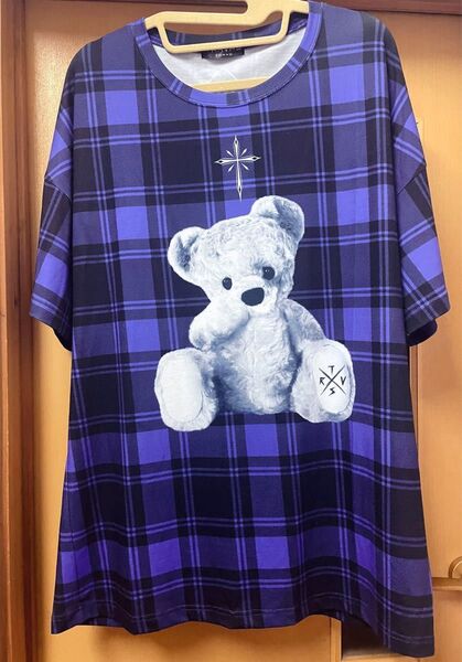 TRAVAS TOKYO トラバストーキョー クマ Tシャツ 半袖 紫 パープル チェック ベア 地雷 サブカル ユニセックス