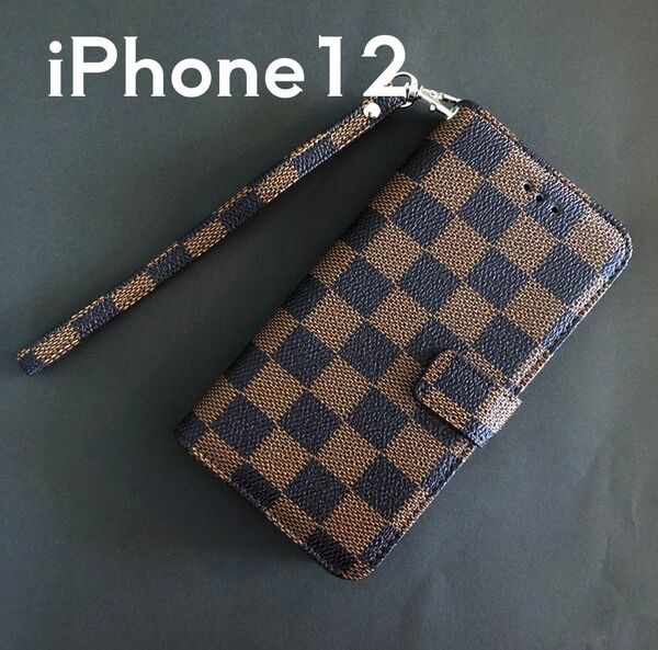 【iPhone 12】手帳型 iPhoneケース チェック柄 ブラウン 茶色 スマホケース カバー