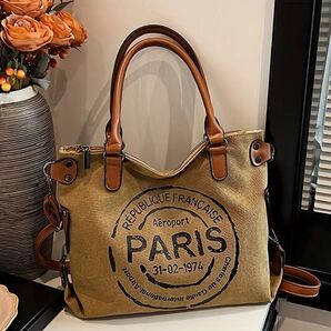 2way バッグ 帆布 カーキ色 パリ エアポートプリント【新品】