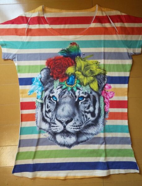 レディース Tシャツ 虎 ホワイトタイガー アニマル 動物 かわいい トップス 花 宝石 ビジュー フラワー ストライプ ZiZe