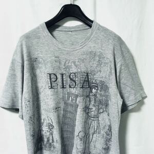 Art hand Auction [90s Euro-made PISA Tower of Pisa Vintage T-shirt] Italian souvenir, British, French, gray, Da Vinci art painting, Large size, Crew neck, An illustration, character