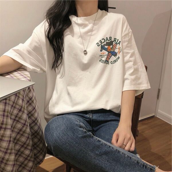 ロゴプリント Tシャツ Lサイズ ホワイトプリントTシャツ 大人可愛い デザイン 韓国ファッション 半袖 ゆったり