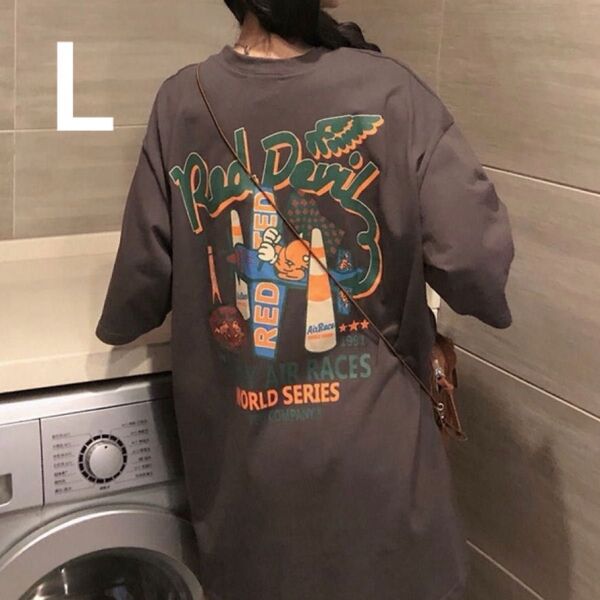 ロゴプリント Tシャツ Lサイズ ホワイトプリントTシャツ 大人可愛い デザイン韓国ファッション グレー