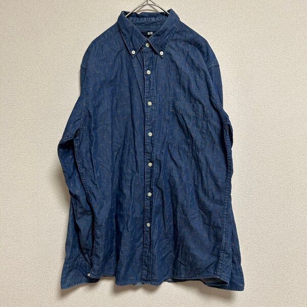 【UNIQLO】ユニクロ (M) 長袖デニムシャツ 幾何学柄 春秋 レイヤード