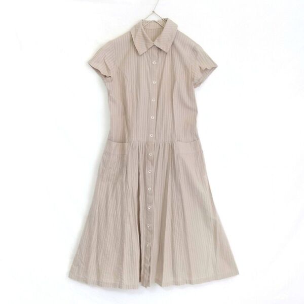 【SPselection】ロングシャツワンピース ストライプ柄 ベージュ ミモレ丈 コットン100%