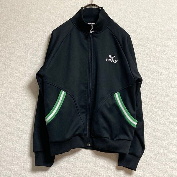 美品 roxy ロキシー ジップアップ アウター ジャージ 黒 S トラックジャケット 刺繍 スポーツミックス レトロ ラグラン
