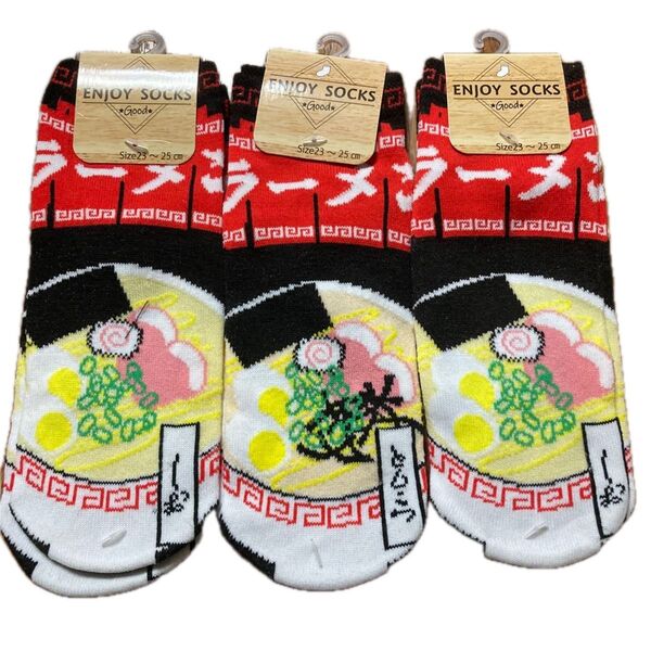ENJOY SOCKS ラーメン柄ソックス 3足セット 23~25cm くるぶし丈 ショート 靴下 レディース