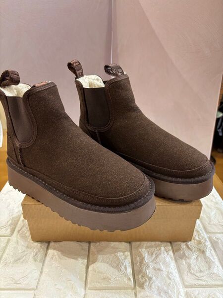 #未使用レディースブラウン サイドゴアブーツ 厚底 ボア裏地#24cm