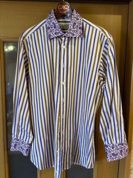 #美品エトロペイズリーストライプ花柄襟長袖メンズシャツ#XL
