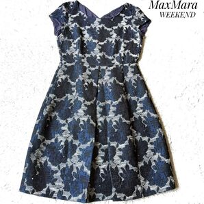 【ウィークエンドマックスマーラ】フラワージャガードワンピース 42 ネイビー