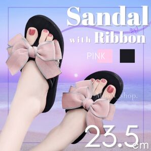 《最終SALE》【ピンク 23.5cm】リボン サンダル 厚底3cm 夏 海 プール ビーチ ブラック 黒 シューズ レディース