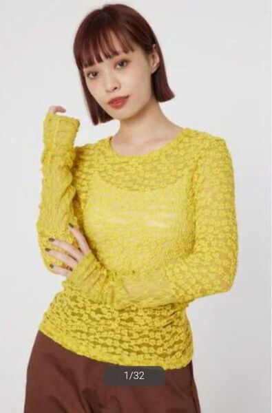 ロデオクラウンズ ワイドボウル シースルー COLOR LACE TOPS シースルーレース 黄色 イエロー