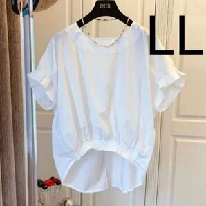【新品/送料込】 レディース LL 半袖 リボンブラウス カットソー 白シャツ ホワイト