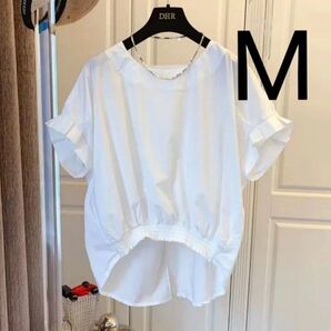 【新品/送料込】 レディース M 半袖 リボンブラウス カットソー 白シャツ ホワイト