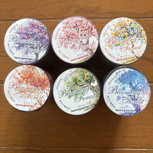 未開封 カラフルな木々と花6巻セット PET 防水 DIY クラフト シール 海外 コラージュ ステッカー