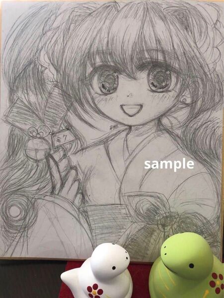 手描きイラスト 初音ミク 巫女ミク 色紙サイズ21×18センチ アナログイラスト
