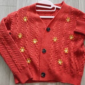 新品カーディガン オレンジ ニットカーディガン 長袖 ニット ケーブル編み