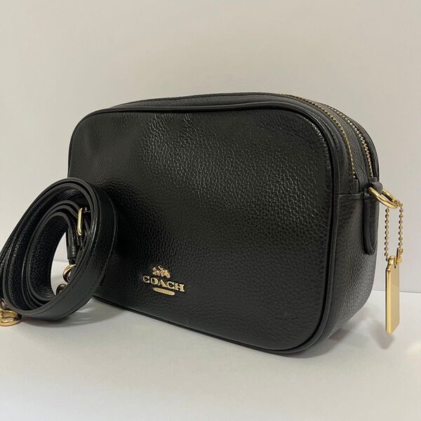 美品 COACH コーチ カメラバッグ ショルダーバッグ ダブルファスナー ダブルジップ レザー ブラック 黒色 F39856