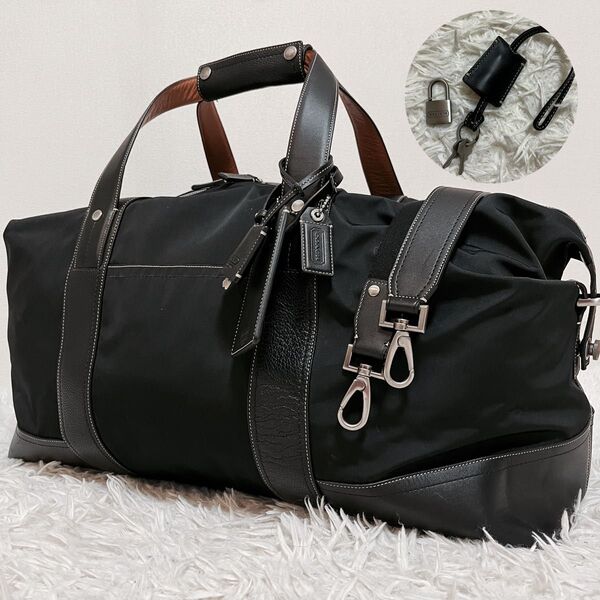 極美品 未使用級 COACH コーチ 2way ボストンバッグ 旅行バッグ 南京錠 レザー 黒色 ブラック メンズ ビジネス