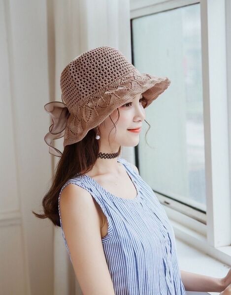 帽子 レディース 夏 日焼け防止 麦わら帽子 折りたたみ リボン コーヒー 茶
