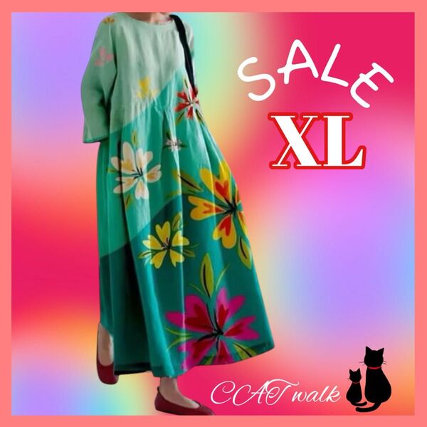 XL ロングワンピース ワンピース 花柄ワンピース マキシ丈 ナチュラル 薄手 エメラルドグリーン グリーン 新品 体型カバー 夏