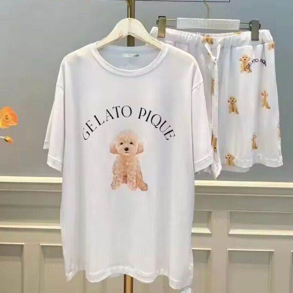 ジェラートピケ 上下セット ルームウェア DOG柄 トイプードル ハーフパンツ