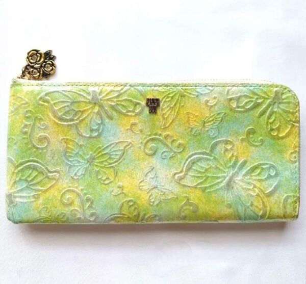 【美品】ANNA SUI パピヨン Lファスナー アナスイ 薄マチ長財布 ロングウォレット グリーン 牛革