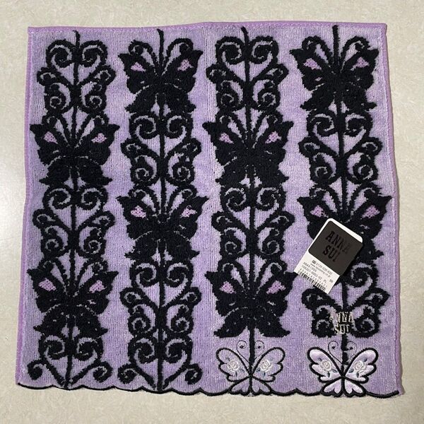 【廃盤 未使用】ANNA SUI タオルハンカチ 蝶 刺繍 アップリケ アナスイ パープル ブラック