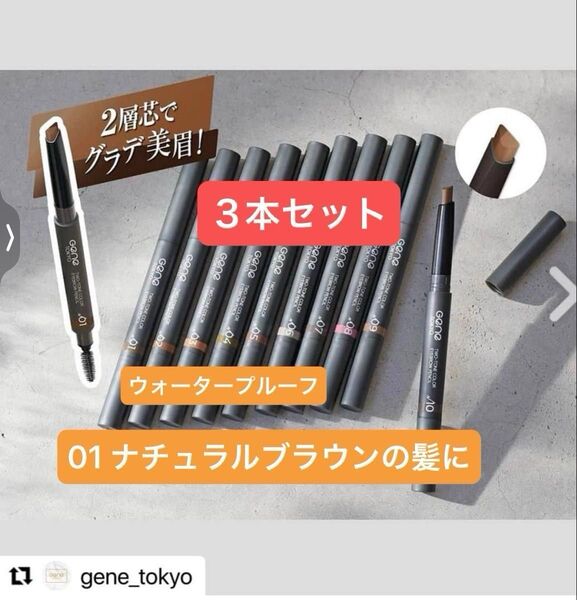3本 01 ナチュラルブラウンの髪に【新品】アイブロウペンシル ツートンカラー ウォータープルーフ 三角芯 スクリューブラシ付き