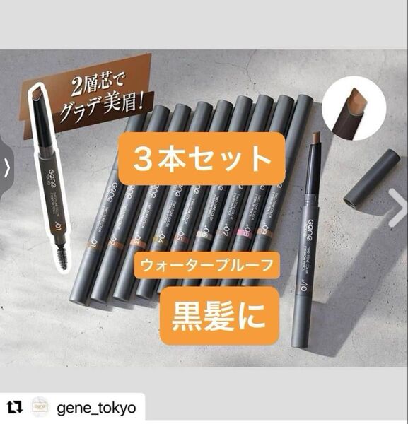 3本セット 07 黒髪に【新品】アイブロウペンシル ツートンカラー ウォータープルーフ 三角芯 スクリューブラシ付き