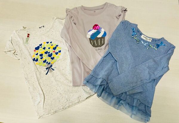 ガールズ トップス 3枚セット 半袖1、長袖2 GU スパンコールT カットソー Tシャツ 130
