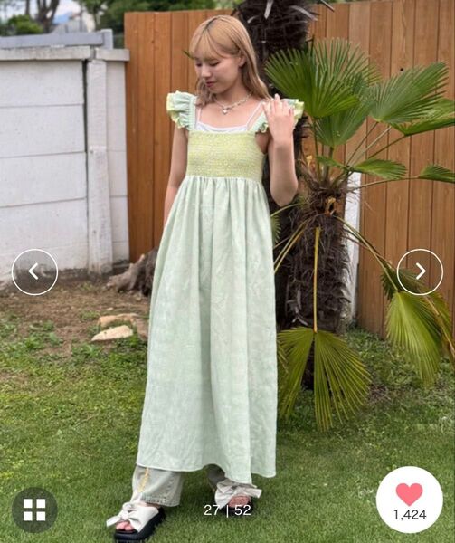 【完売品】ハローサンフランシスコ シアーチェックフリルキャミワンピース ロング マキシ丈 ミントグリーン イエロー フリーサイズ
