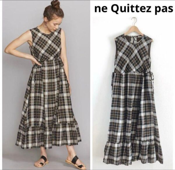 【美品】ne Quittez pas ヌキテパ チェックバックリボンワンピース ロング マキシ丈 フレア ノースリーブ インド綿