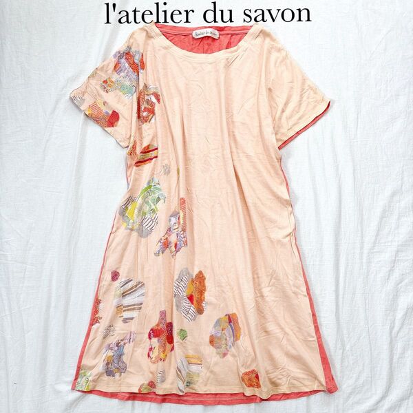 l'atelier du savon アトリエドゥサボン ロングTシャツワンピース 半袖 水彩画風 ゆったり 日本製 フリーサイズ