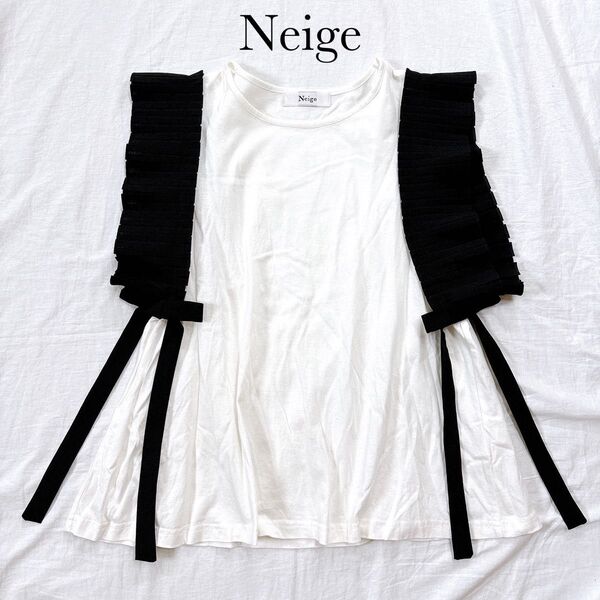 Neige ネージュ ブラウス カットソー フリンジ リボン ノースリーブ ホワイト 白 ブラック 黒 モノトーン 綿100%
