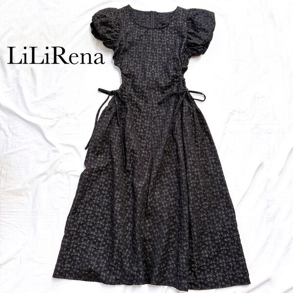 LiLiRena リリレナ サイドオープンロングワンピース ジャガード フラワー 花柄 パフスリーブ 半袖 リボン ブラック 黒