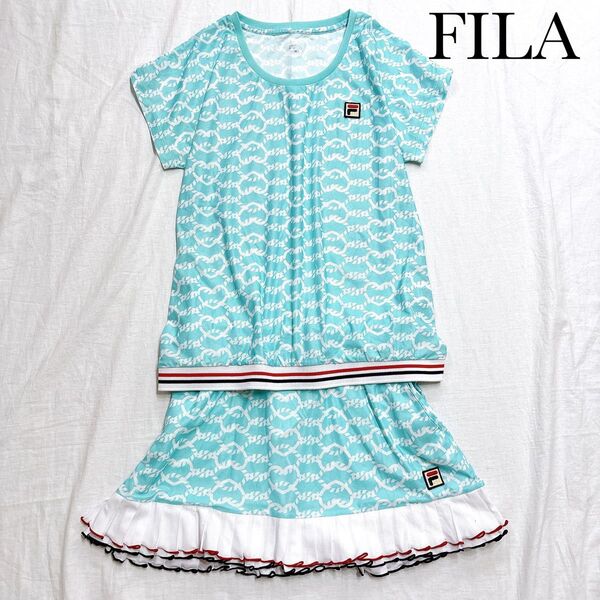 【極美品】FILA フィラ テニスウェア セットアップ 2点 シャツ スカート 総柄 ハート フリル ターコイズブルー Mサイズ