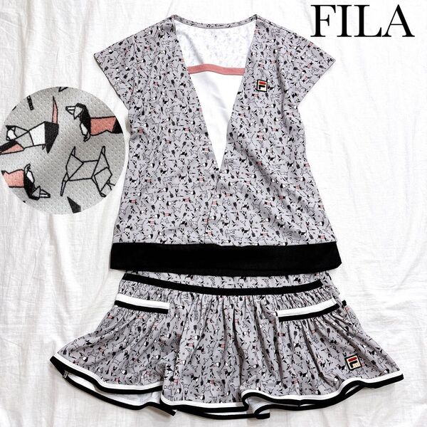 【美品】FILA フィラ テニスウェア セットアップ 上下2点セット シャツ スコート 犬 折紙 総柄 グレー 白 黒 ピンク M