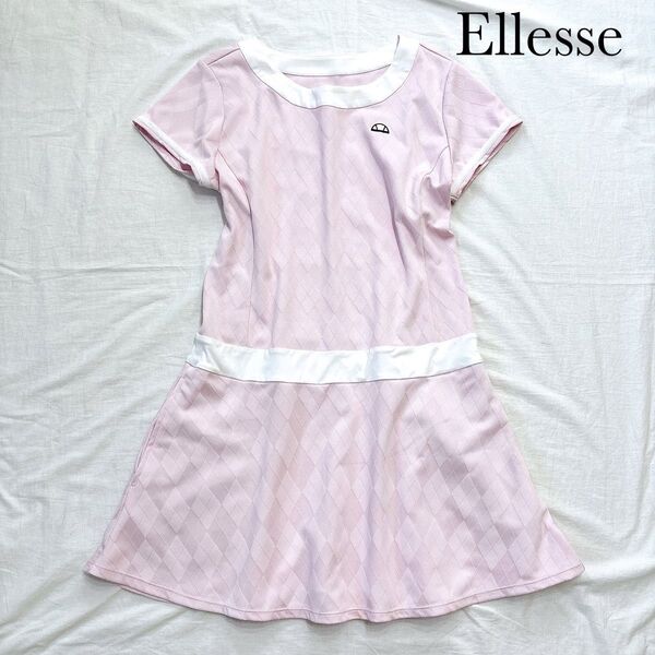 Ellesse エレッセ テニスウェア ワンピース 半袖 スノーピンク ホワイト 白 ダイヤ柄 Mサイズ UVケア機能付き