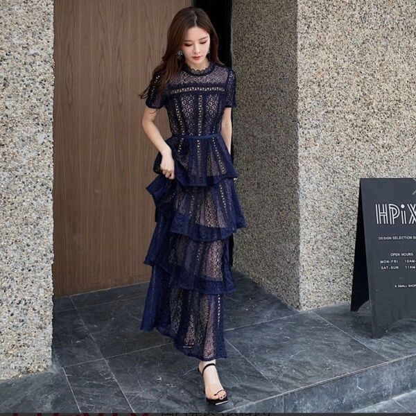 【美品】ネイビーレース ロングドレス パーティードレス ワンピース ティアード マキシ丈 半袖 紺 花柄 結婚式 二次会 発表会