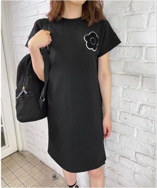 MARY QUANT マリクワ 裏毛サガラポイント ワンピース ミニワンピース 半袖 ロゴマーク ブラック 黒 Mサイズ