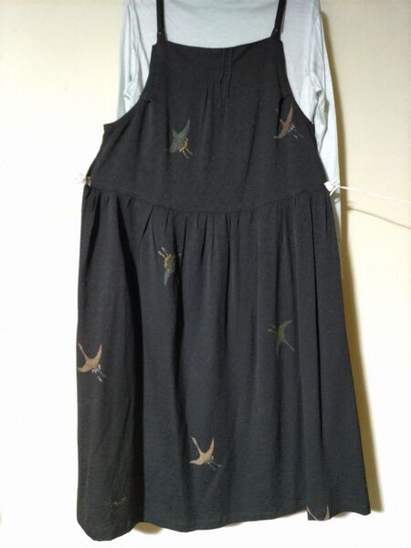 ハンドメイド ちりめん黒地雁柄 ワンピース ジャンパースカート