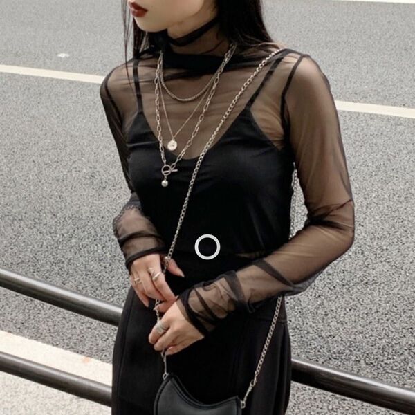 LVEU.シースルーハイネックトップス