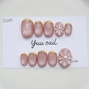 ネイルチップ マグネットネイル ミラーフレンチ ぷっくり花 ピンクベージュ 推し